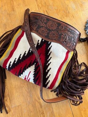 American Darling Western Crossbody with Hand Tooled Leather, Wool, and Fringe!